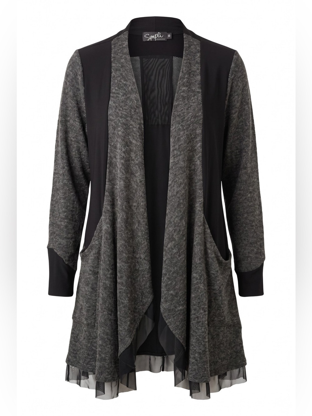 Sympli - Charcoal and Black Mixed Media Draped Long Cardigan, Size 16, Pockets